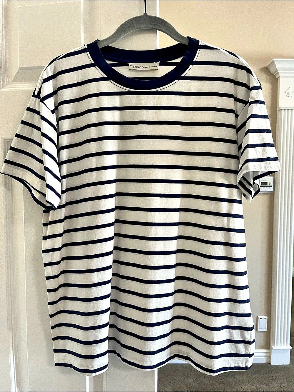 ZENANA Striped Cotton Spandex Tee White & Blue Large NWOT